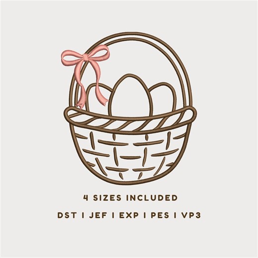 Easter Basket Machine Embroidery Design – Bean Stitch Egg Basket with Pink Bow (Instant Download)