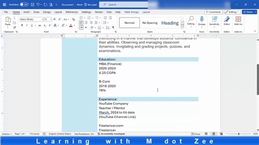 How to Create CV | Microsoft Word Tutorial | LECTURE # 8 | Learning with M dot Zee