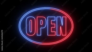 Open Neon Sign Background Seamless Looping/ 4k animation of a neon open sign blinking for night storefront, restaurant, motel and night business, blue and red light on green scree