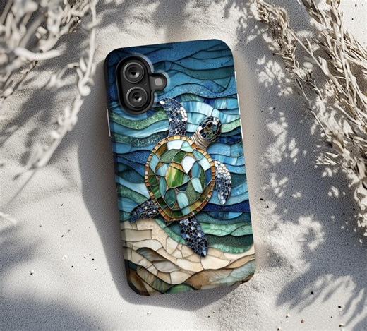 Stained Glass Sea Turtle Phone Case, Ocean Wildlife Art, Coastal Blue Mosaic Design, Beach Nature Theme Ps11358 - Etsy