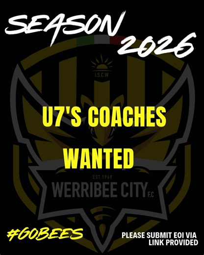 🚨 WERRIBEE CITY FC – UNDER 7s COACHES WANTED! 🚨 We’re growing FAST and our youngest stars need leaders who can help shape their love for the game! ⚽🐝 If you’re passionate, energetic and love working with kids, this is your chance to make a real impact at Werribee City Football Club. No high-level coaching experience needed — just enthusiasm, a positive attitude and a willingness to learn. We’ll support you every step of the way! 👧🧒 Age Group: Under 7s 📍 Location: Galvin Park 🟡⚫ Become par