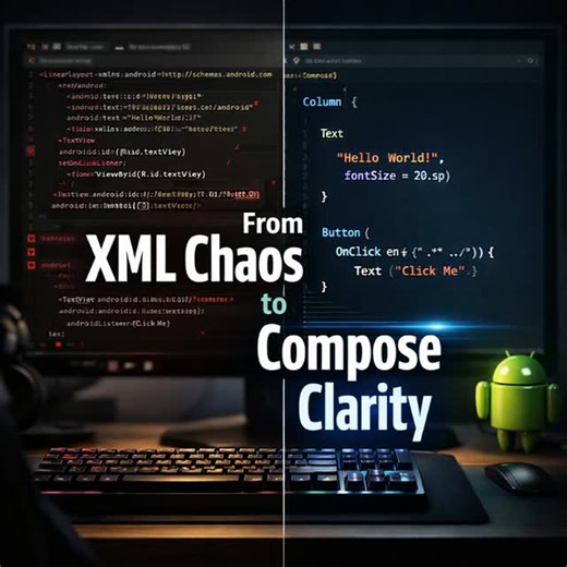 Droid Skool on Instagram: "JETPACK COMPOSE Changed Android Forever Most Android beginners still write XML layouts. They struggle with bugs, boilerplate, and slow UI changes. And then they wonder why interviews feel so hard. Here’s the shocking truth 👇 Jetpack Compose is now the future of Android UI. When I first switched to Compose, my productivity literally doubled. No XML. No findViewById. No messy adapters. Just Kotlin + UI logic together. That means: Faster UI development Less code, fewer b