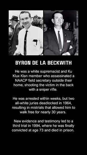 Byron De La Beckwith was a Mississippi-born white supremacist and Ku Klux Klan member who became the central figure in one of the most infamous racist murders of the Civil Rights era. On June 12, 1963, he lay in wait across the street from the home of Medgar Evers, the #NAACP’s first field secretary in Mississippi, and shot him in the back with a .30-06 rifle as Evers returned from a meeting. The killing came just hours after President John F. Kennedy delivered a national speech on civil rights,