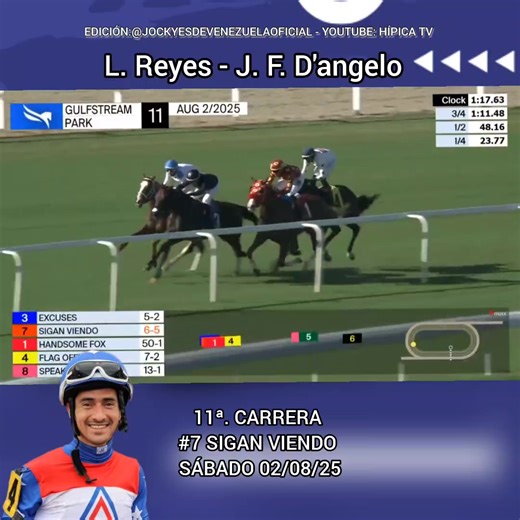 4.1K views · 109 reactions | AL GALOPE 11ª. CARRERA LOTE: 1 1/16 Miles | Open | 3 Year Olds And Up | MAIDEN CLAIMING : $17,500 | Purse: $25,200 #HorseJockeyWeightTrainerWin $Place $Show $ 7Sigan ViendoL. Reyes118LbsJ. D'Angelo4.402.402.10 3ExcusesM. Meneses118LbsA. Sanchez 3.402.40 4Flag OfficerE. Gonzalez118LbsA. Sano 2.40 Times in 5ths: :233 :48 1:112 1:35 1:41 | jockeysdevenezuela2019 | Facebook