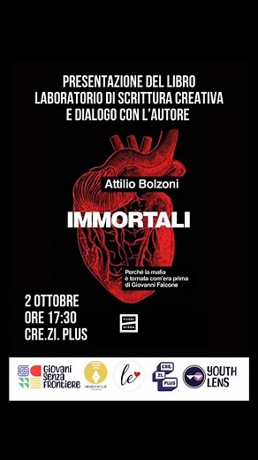 Giosef Italy on Instagram: "Ogni epoca ha la sua mafia, e anche questa dove viviamo ne ha una: "la mafia degli incensurati" @attiliobolzoni torna a Palermo per raccontarci perché la mafia è tornata com'era prima di Giovanni Falcone. 🗓️ 2 ottobre | 📍 Cre.Zi. Plus @creziplus | 🕠 Ore 17:30 Presentazione del libro Immortali di Attilio Bolzoni, edito da @fuoriscenalibri e a seguire laboratorio di scrittura creativa a cura di @newbookclub_ Palermo, con il prezioso contributo dell’autore. Libri in v