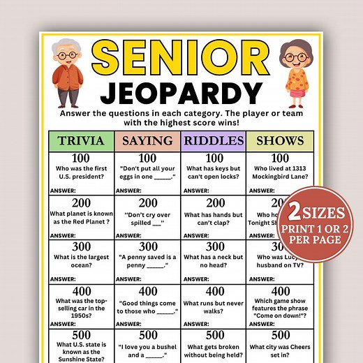 Senior Jeopardy Game, Games for Senior Citizens, Senior Activity, Senior Party Games, Seniors Memory Game, Elderly Printable, Brain Teasers - Etsy