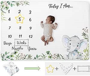 Baby Milestone Blanket, 60"x40", Baby Month Blanket for Unisex Babys, First Year Calendar Monthly Growth Chart, (Light Gray Elephant)