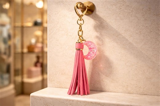 Pink Tassel Keychain Purse Charm With Pink Glitter Moon - Etsy