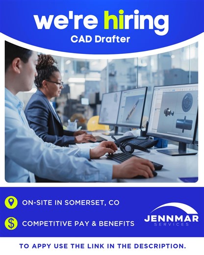 We’re Hiring: CAD Drafter Jennmar is looking for a detail‑driven CAD Drafter to join our team in Somerset, Colorado. In this role, you’ll develop and update curtain maps, create accurate technical drawings, and support operational planning through precise CAD work. Your attention to detail will help keep projects organized, efficient, and production-ready. If you enjoy hands-on drafting work and turning technical information into clean, accurate drawings, we’d love to hear from you. 📍 Location: