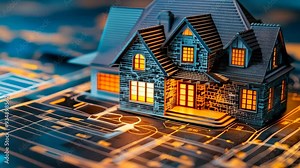 Detailed Night View of House Construction Project with Blueprint Overlay, Illuminated Building, Home Design Visualization, Architectural Planning, Nighttime Concept Display Stock Video