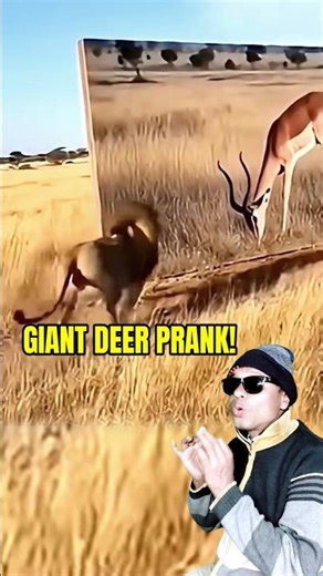 Lion Attacks a Fake Giant Deer! 😂🐾 #animalshorts #funny