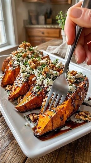 Honey Glazed Sweet Potato Wedges with Feta & Walnuts