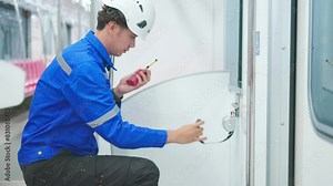 Engineers check the readiness of electric train tracks at the maintenance factory.
