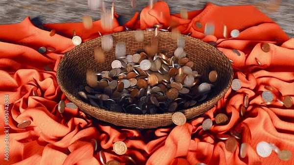 Pouring cash coins money onto a basket on garmet. 3d animation of market revenue or business profit for a company. Also bank savings or personal profit fits the theme or tax collection.