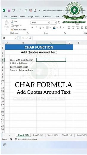 Add Quotes Around Text in Excel using CHAR Formula! ✨💡#ExcelTips #MicrosoftExcel