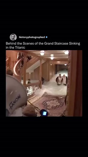 History Photographed on Instagram: "The 1997 film Titanic featured an intricate behind-the-scenes setup for the iconic grand staircase sinking scene. Filmmakers built a full-scale replica of the staircase and flooded it with thousands of gallons of water to realistically portray the ship’s interior as it filled and collapsed during the disaster."