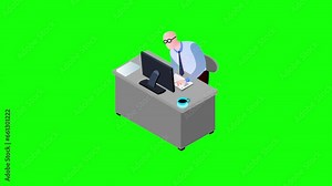 Businessmen 03 sitting and working with computer green screen. Business cartoon style animation of office employees. Flat vector design greenbox Seamless loop.