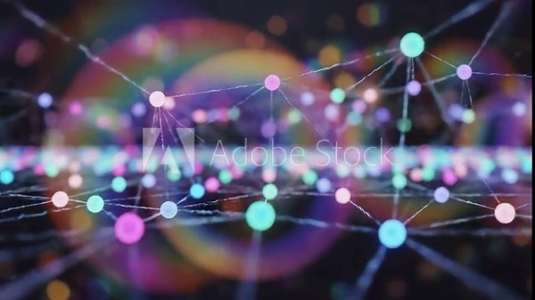 network visualization with connected nodes and data pathways in depth. Digital technology infrastructure concept representing internet connectivity, information exchange, cloud computing architecture