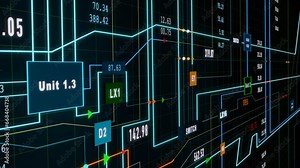 Digital nodes connected with blue, yellow lines. Network, technology, switch, panel, switchboard, transffer, data or conducting path in the industry. Animation