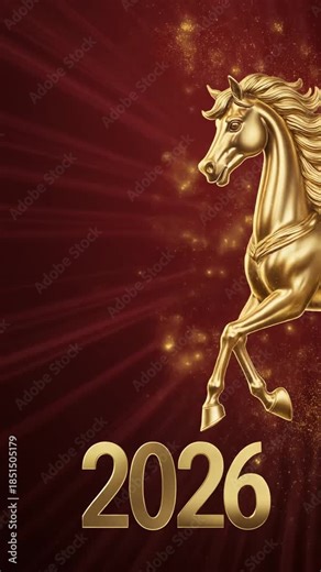 Golden Horse Statue and 2026 Numerals on a Dark Red Textured Background with Sparkling Particles Celebration