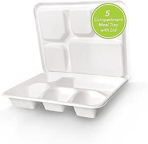 Amazon.com: three leaf 5 COMPARTMENT MEAL TRAY WITH LID SET, 25 SETS. Heavy-Duty- Super Strong- Natural- Eco-Friendly Disposable Bagasse Plates with lead, 100% Biodegradable Plates : Health & Household