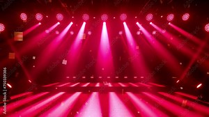 Bright and luxurious red curtains on stage with spotlights for luxury shows, theatre, exhibition events