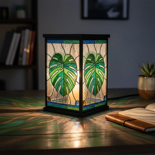 Monstera Leaf Table Lamp, Tropical Green Accent Lighting, Nature Inspired Home Decor, Tiffany Style Art Lamp Gift - Etsy