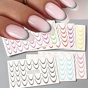 8 Sheets French Tip Nail Art Stickers Decals Colorful Gradient French Tip Water Transfer Nail Stickers for Nail Art French Line Nail Decals Supplies for Women DIY Manicure Decorations Accessories