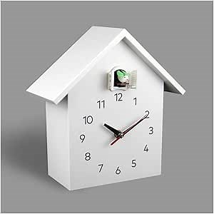 SHISEDECO Cuckoo Wall Clock Striking Large Birdhouse with Cute Small Bird Home Decoration, Natural Field Recordings, Modern Sleek Designed Clock (White)