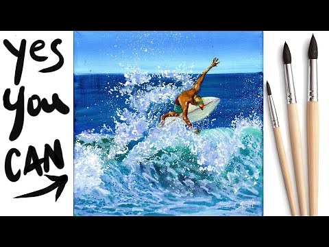 SURFER IN A WAVE Beginners Learn to paint Acrylic Tutorial Step by Step Day 26 #AcrylicApril2021