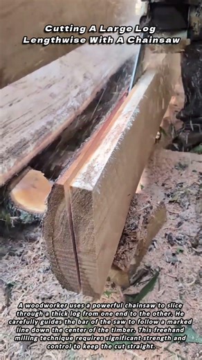 Cutting A Large Log Lengthwise With A Chainsaw