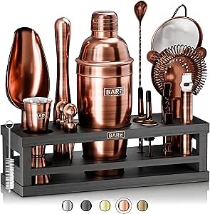 BARE BARREL® Mixology Bartender Kit Bar Set | 16-Piece Cocktail Shaker Set | Martini Barware Mixing Tools for Home Bartending | Incl. 35 Recipe Cards | Gift Set (24oz Cobbler Shaker, Copper/Black)