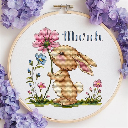 Bunny Cross Stitch Pattern March Spring Rabbit Floral Embroidery Woodland Animal Needlework Chart Digital Download - Etsy