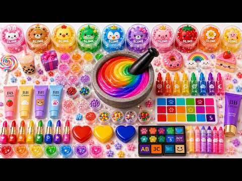 ASMR DIY Slime Video 🌈 How to Make Rainbow Glossy Pink Slime with Makeup Suncream Glitter Random 26