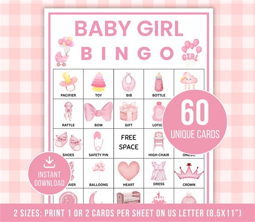 Baby Girl Bingo, 60 Baby Shower Bingo Cards, Baby Shower Bingo Game, Printable Baby Bingo Game, Baby Shower Activity, Pink Baby Shower Game - Etsy