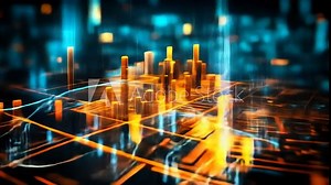 Futuristic Financial Chart with Glowing Neon Lines on Dark Background - Advanced Stock Market Analytics and Cyber Data Visualization for Night Financial Analysis, High-Tech Trends, and Market Insights