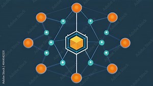 A spiderweblike structure with each node connected to multiple others reflecting the decentralized nature of blockchain technology.. 2d flat cartoon