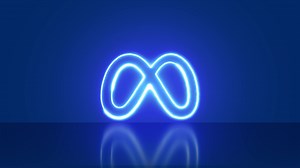 Download Meta logo neon on blue background. Rebrand of Facebook, Instagram Whatsapp Messenger, integration. Neon light.