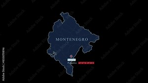 Blue stylized Montenegro map with Podgorica capital city and geographic coordinates on black background. Motion graphic vfx digital animation Stock Video