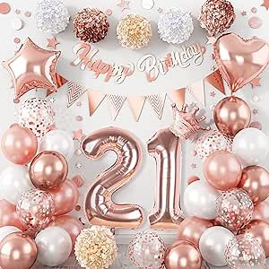 21st Birthday Party Decorations for Her, Rose Gold Confetti Happy 21st Birthday Balloons Circle Dot Garland Bunting Banner with Pom Poms for 21 Year Old Girls Women Birthday Gift Party Decor Supplies