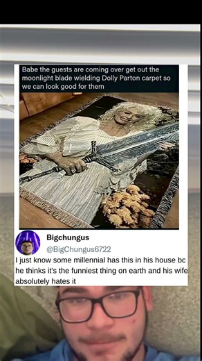 The carpet presumably features a fictional image of Dolly Parton with a sword