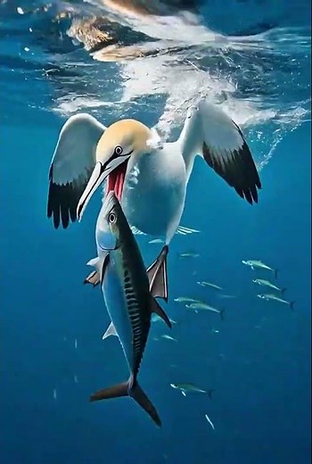 Gannet Plunge Hits Mackerel Underwater