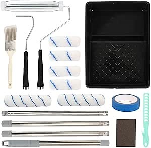 17 Pcs Paint Roller Kit with Long Extension Pole, Microfiber Paint Kit for House Painting - Paint Rollers 9 Inch, Mini Wall Paint Roller Covers, Paint Brush, Frame, Tray, Painters Tape, Sanding Block