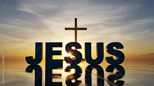 A religious scene with the cross and jesus lettering at dawn for the concept of worship and faith.
