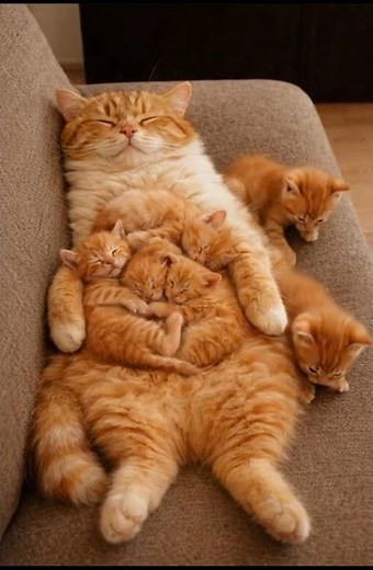 Sweet Ginger Mother Cat Cuddling Her Kittens 🐾 Cozy Cute Cats Relaxing Ambience