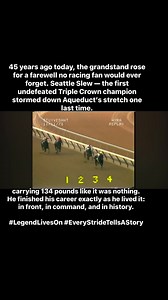 On November 11, 1978, Aqueduct Racetrack witnessed the end of an era. Seattle Slew, the first horse in history to win the Triple Crown while undefeated, carried 134 pounds in the Stuyvesant Handicap — and still dominated from gate to wire. It was more than a race; it was a farewell written in thunder, the final chapter of a champion who refused to yield. 🎥 Relive the moment that defined courage and class. 💬 What would you have shouted as Slew crossed the wire for the last time? #WinningStride 