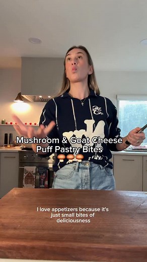 Thanksgiving series Ep. 6: Mushroom & Goat Cheese Puff Pastry Bites 🍄‍🟫 RECIPE: 1 sheet puff pastry, thawed 1 tablespoon olive oil 1 tablespoon butter 10 oz mushrooms, finely chopped 2 cloves garlic, minced 1 large shallot, minced 1 teaspoon thyme leaves Salt and black pepper to taste 4 oz goat cheese, whipped 1-2 tbsp cream or milk 1 tablespoon Dijon mustard 1 egg, beaten (for egg wash) Parsley for garnish Heat a skillet with olive oil and butter over medium heat. Cook the minced shallot and 