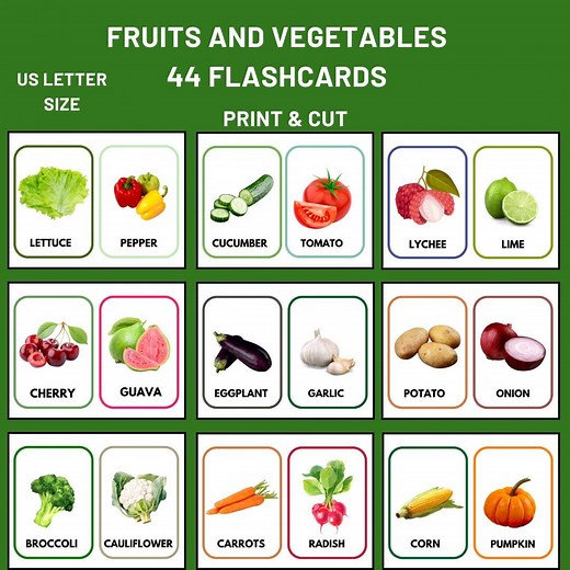 Printable Fruits and Vegetables Flashcards | 44 Real Photo Cards for Kids | Montessori Learning | Preschool Educational Activity - Etsy