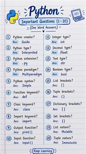🐍 20 Most Important Python Questions You Must Know! | Python Interview 🔥 #pythonprogrammer #python