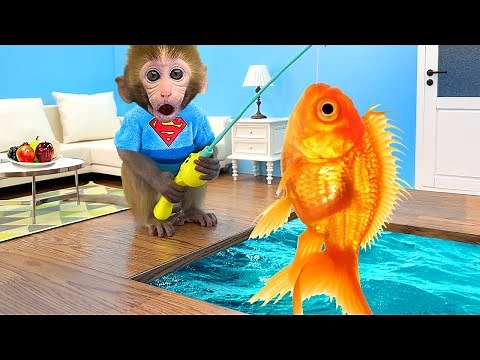 Monkey Baby Bon Bon goes fishing and bathes with ducklings in the swimming pool